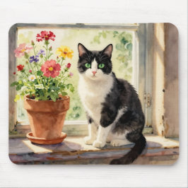 Tapis De Souris Watercolor Cat and Flowers on Window Sill