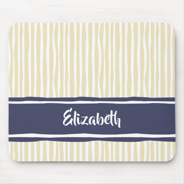 Tapis De Souris Wavy Painterly Stripes Navy and Cream With Name (Devant)