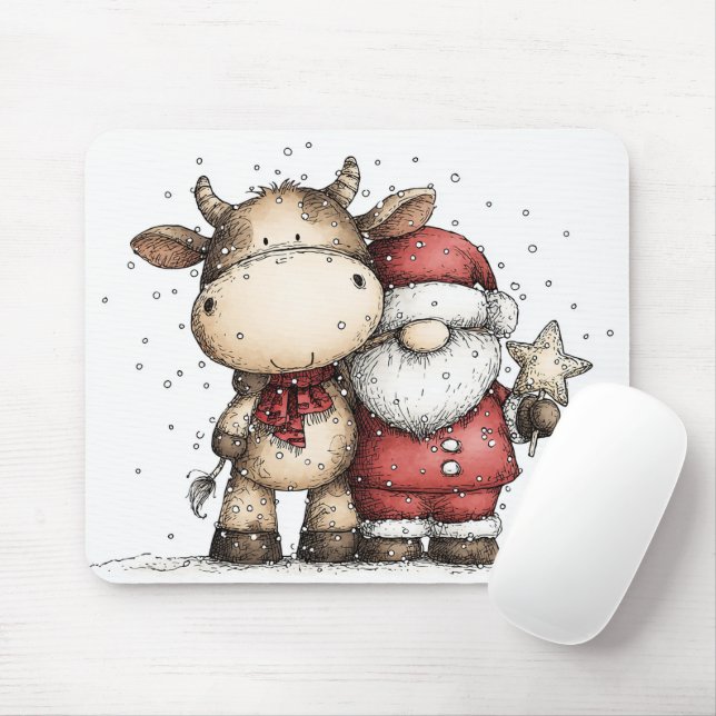 Tapis De Souris Whimsical Santa & Moo-Moo Holiday Christmas Cheer (Avec souris)
