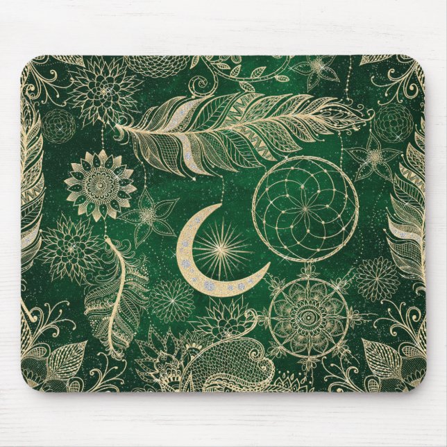 Tapis De Souris Whimsy Gold & Green Dreamcatcher Feathers Mandala (Devant)