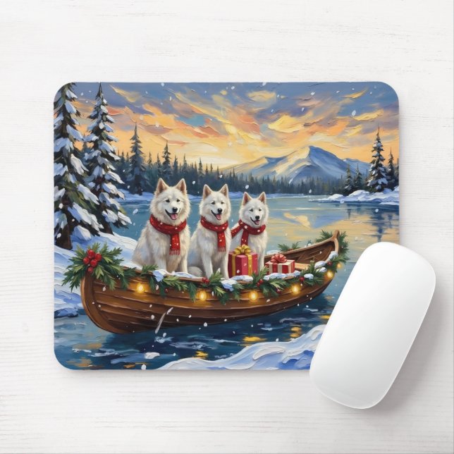 Tapis De Souris White American Eskimo Dog Christmas Boat Holiday (Avec souris)