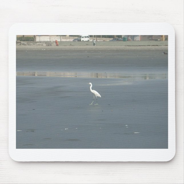 Tapis De Souris White Bird on Grey Sand Beach Art Imprimer (Devant)