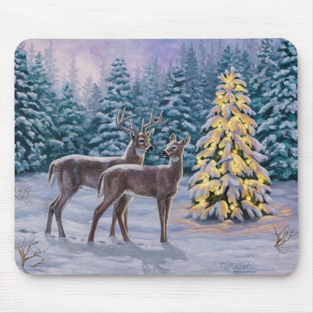 Tapis De Souris Whitetail Deer & Christmas Tree Scene hivernale (Devant)