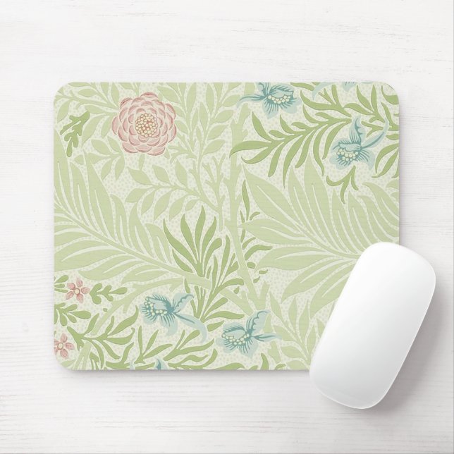Tapis De Souris William Morris - Larkspur - Fleurs et Feuilles ros (Avec souris)