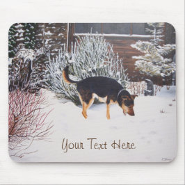 Tapis De Souris Winter snow scene with cute black and tan dog