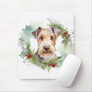 Tapis De Souris Wirefox Terrier Festive de Noël Wreath Pup