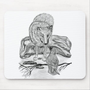 Tapis De Souris Wolf and Raven black and white design