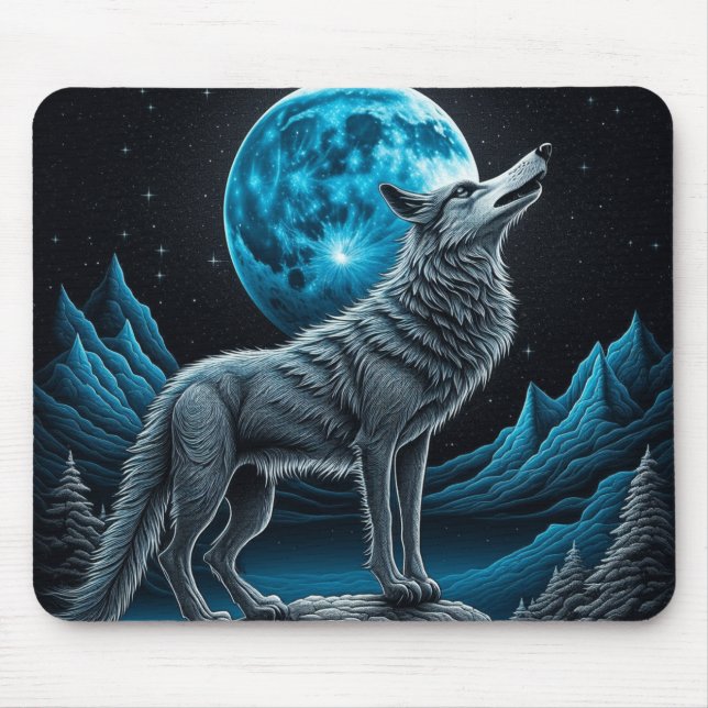 Tapis De Souris Wolf debout devant la Pleine lune | Art AI (Devant)