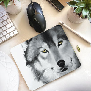 Tapis De Souris Wolf Portrait noir blanc