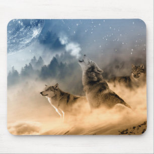 Tapis De Souris Wolfs l'hurlement une nuit étoilée brumeuse froi