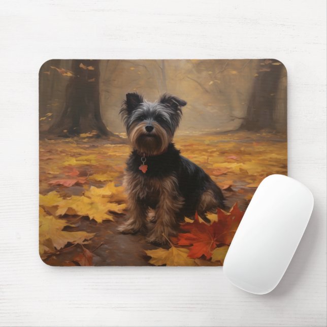 Tapis De Souris Yorkipoo dans les feuilles d'automne tombent inspi (Avec souris)