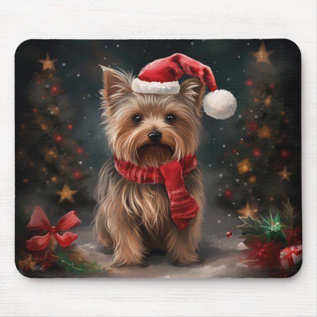 Tapis De Souris Yorkshire Terrier Dog dans la neige Noël (Devant)