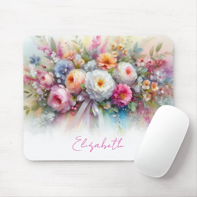 Tapis De Souris Your Custom Text Name Elegant Aquarell Flowers Art (Avec souris)