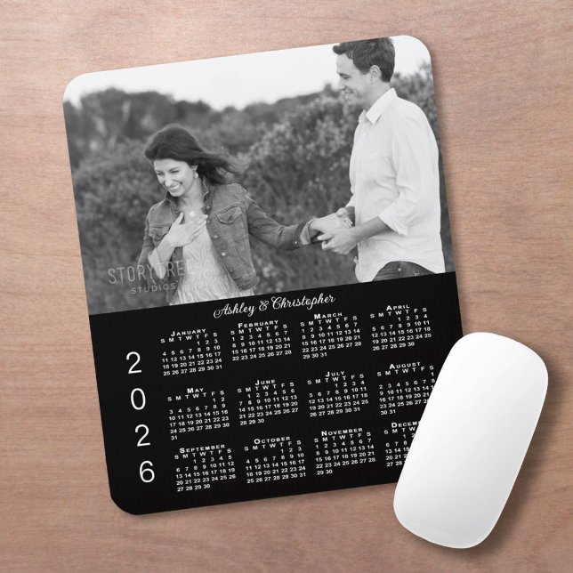Tapis De Souris Your Photo Names Personalized Black 2026 Calendar (Your Photo Names Personalized Black 2026 Calendar Mouse Pad, in situ)