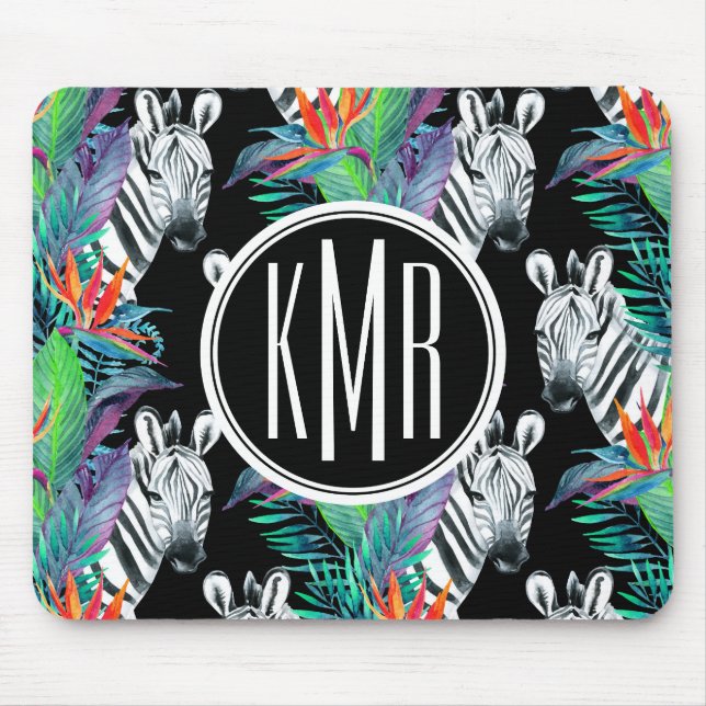 Tapis De Souris Zèbre et monogramme exotique du motif de fleurs | (Devant)