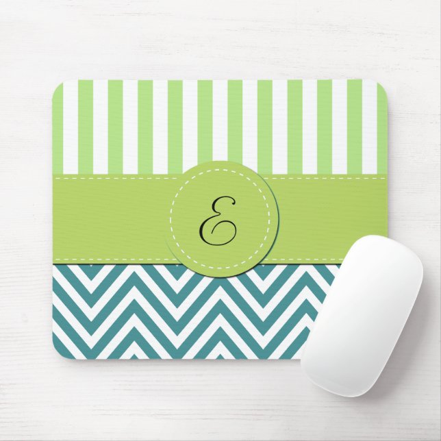 Tapis De Souris Zigzag Bleu, Chevron, Grilles Vertes, Monogramme (Avec souris)