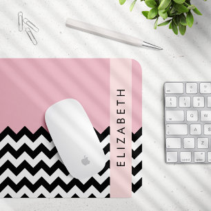 Tapis De Souris Zigzag noir et blanc, Chevron, rose, Votre nom