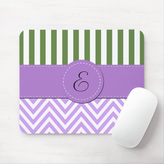 Tapis De Souris Zigzag violet, Chevron, Grilles vertes, Monogramme (Avec souris)