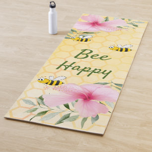 Tapis De Yoga Abeilles jaune nid d'abeille rose fleurons mignons