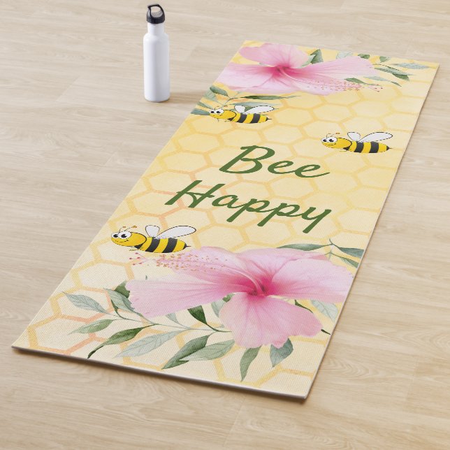 Tapis De Yoga Abeilles jaune nid d'abeille rose fleurons mignons (En situation)