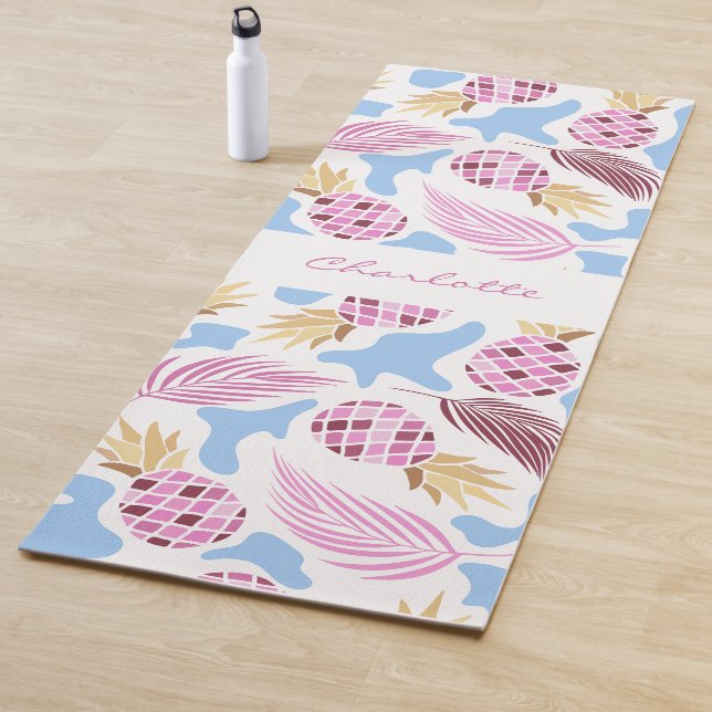 Tapis De Yoga Ananas rose bleu tropical nom du motif (En situation)