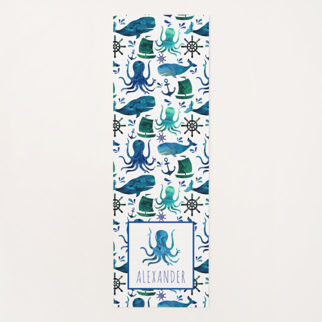 Tapis De Yoga Aquarelle Bleue Sous La Mer Pieuvre Enfants (Devant)