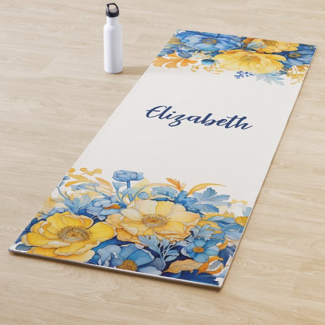 Tapis De Yoga Aquarelle botanique jaune bleu Floral (En situation)