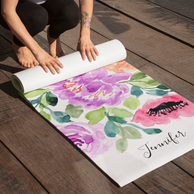 Tapis De Yoga Aquarelle brillante peinte à la main Floral (Créateur téléchargé)