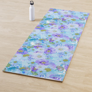 Tapis De Yoga Aquarelle Bush Fleur sauvage bleu romantique