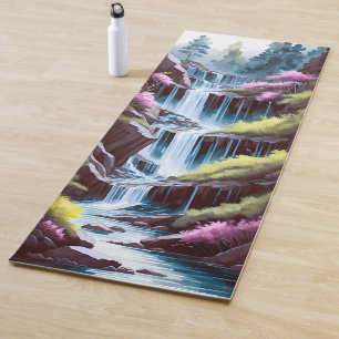 Tapis De Yoga Aquarelle de cascade avec peinture de fleurs de pr