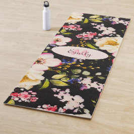 Tapis De Yoga Aquarelle rose Roses jaunes sur noir, Monogramme