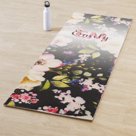 Tapis De Yoga Aquarelle rose Roses jaunes sur noir, Monogramme
