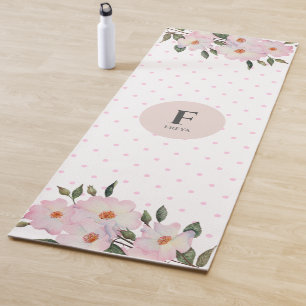 Tapis De Yoga Aquarelle rose Roses Pois Monogramme