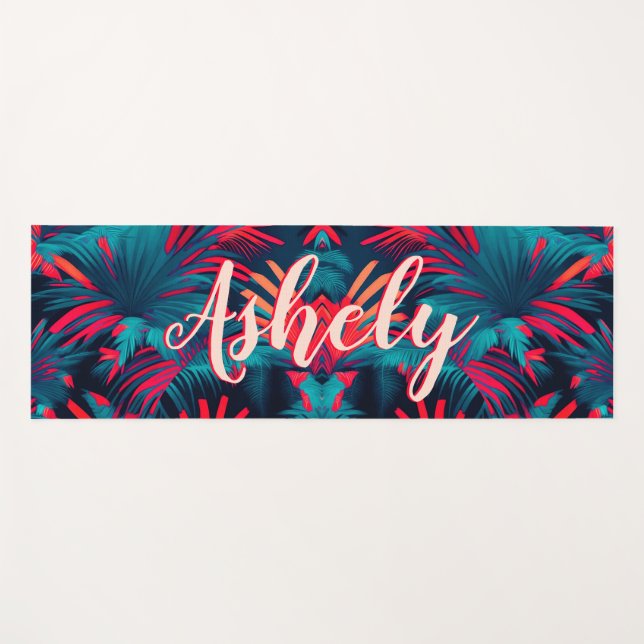 Tapis De Yoga Aquarelle tropicale fluorescente Palm Feuilles Nom (Devant (Horizontal))