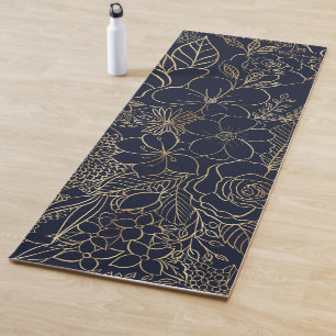 Tapis De Yoga Art moderne Gold Blue Floral Doodles