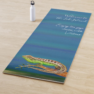 Tapis De Yoga Beau lézard aquarelle sur bleu vert coutume