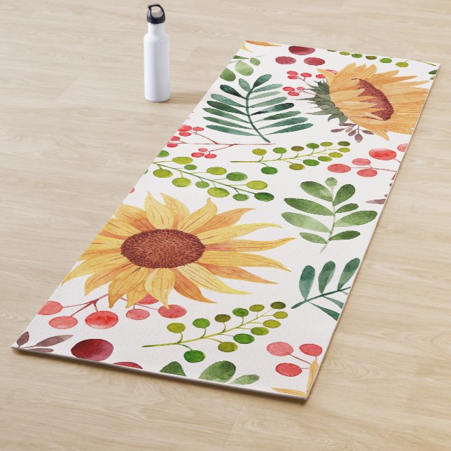 Tapis De Yoga Beau tournesol et baies Aquarelle    (En situation)