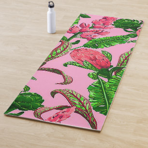 Tapis De Yoga Belles feuilles vertes tropicales avec fleurs roug