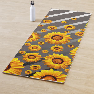 Tapis De Yoga Belles fleurs jaunes sur gris, rayures argentées