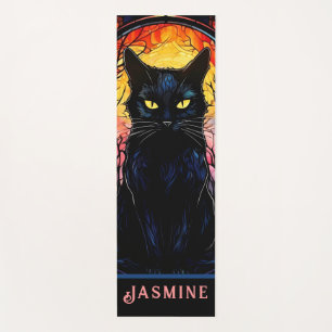 Tapis De Yoga Black Cat Vitrail Rouge Éffrayant