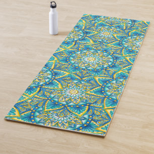 Tapis De Yoga Bleu Motif Mandala Jaune Turquoise