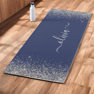 Tapis De Yoga Bleu Nuit Paillettes Argentées Monogramme Fitness 