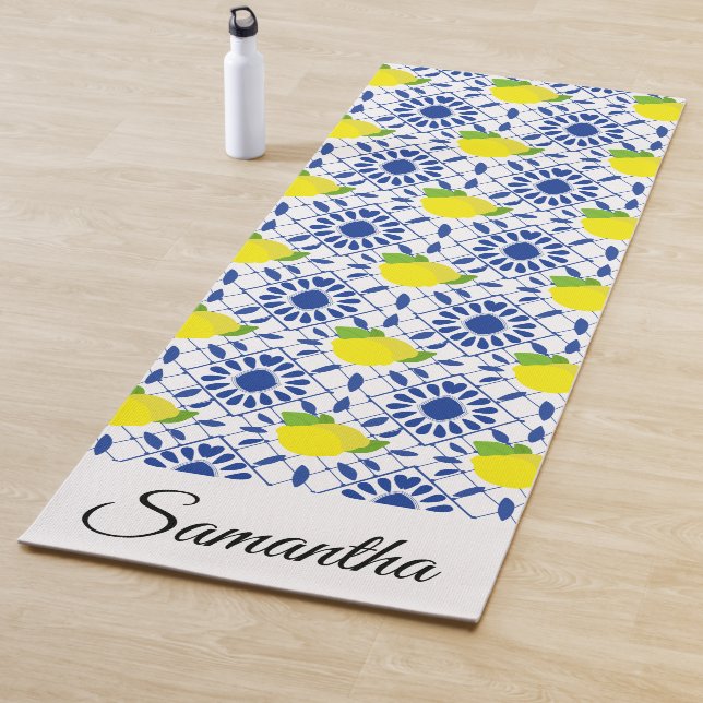 Tapis De Yoga Blue Geometric Lemon Tile (En situation)