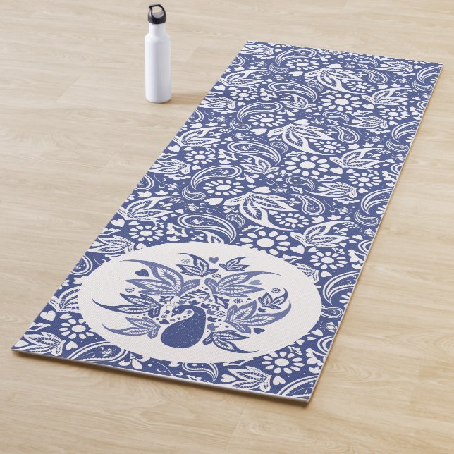 Tapis De Yoga Bohème Bleu Blanc Peacock Décor (En situation)