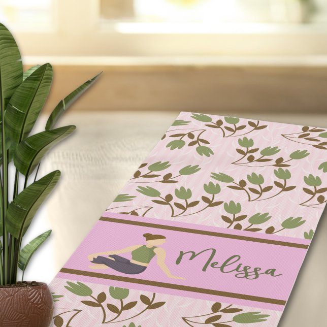 Tapis De Yoga Boho Abstrait vert rose motif floral (Créateur téléchargé)