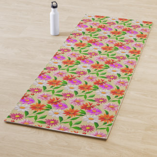 Tapis De Yoga Boho Chic Multicolor Flowers with Leaves on Beige
