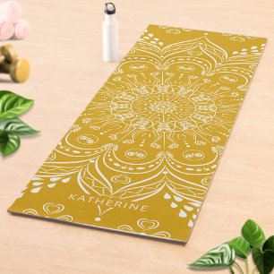 Tapis De Yoga Boho Mandala Belle moutarde Monogrammée Jaune