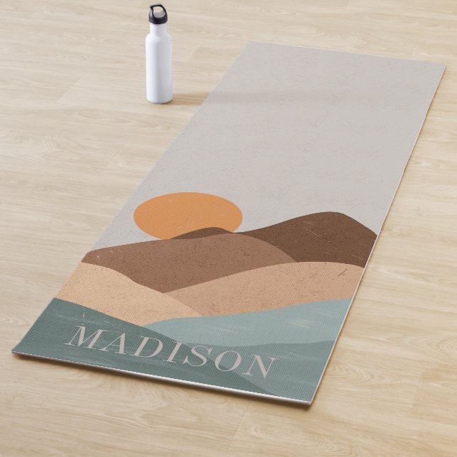 Tapis De Yoga Boho Terracotta Blue Sun Mountains Abstrait (En situation)