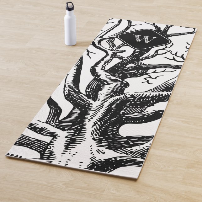 Tapis De Yoga Brèches Abstraites en noir rustique Monogramme (En situation)
