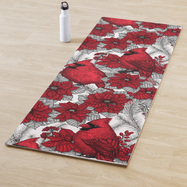 Tapis De Yoga Cardinaux et poinsettia en rouge et blanc (En situation)